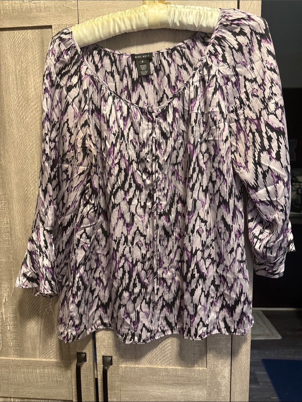 Nine West Purple, Black and White Abstract Button-Front Blouse